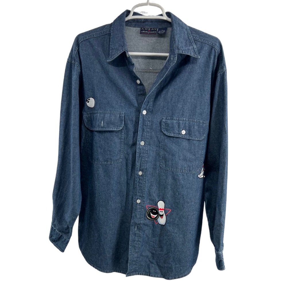 AMRAV authentic jeanswear bowling embroidered L novelty cotton button up shirt